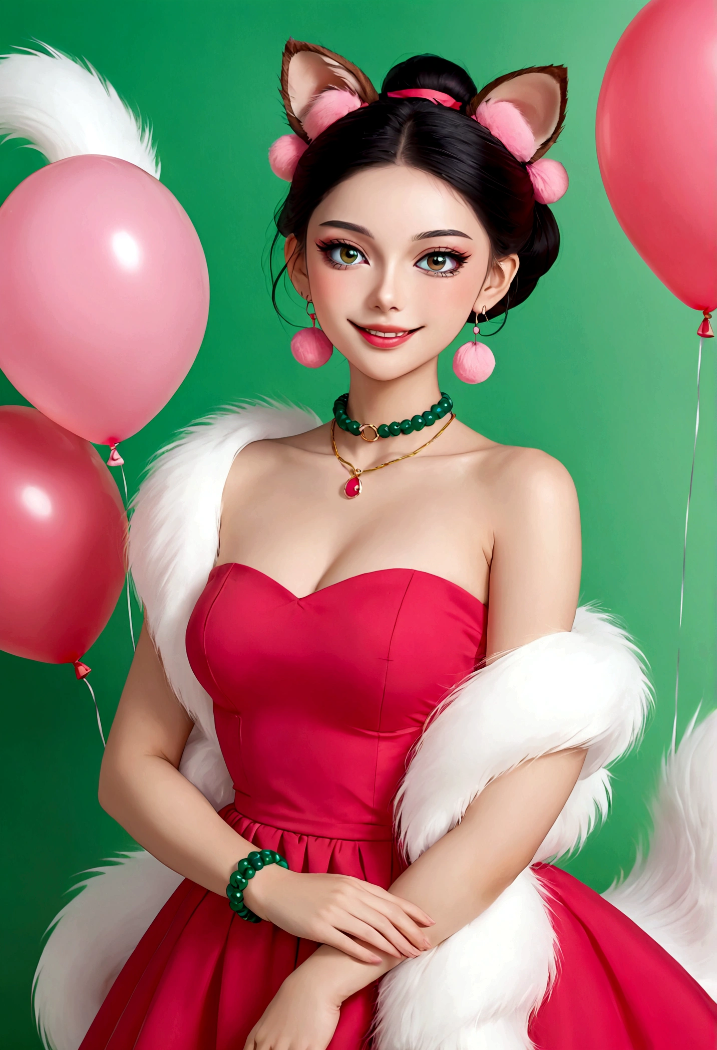 Noble and elegant girl,Beautiful face,beautiful eyes,Pink Eyeshadow,blush,Smile,(((1 big, fluffy tail))),Black high bun,Pink pompom earrings,Sexy red tube top dress,Collar,Green Bracelet,Green balloon background wall blur