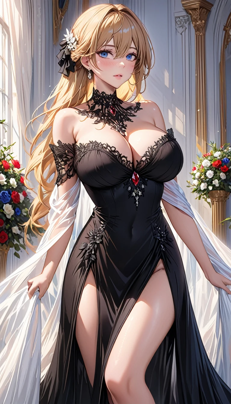 masterpiece:1.4,best-quality,Super Detail,Very Delicate and Beautiful, ((( nsfw, beautiful woman, royalty black dress ))), very gigantic breasts, cleavage, very slender, off-shoulder, perfect face, beautiful eyes, blonde hair