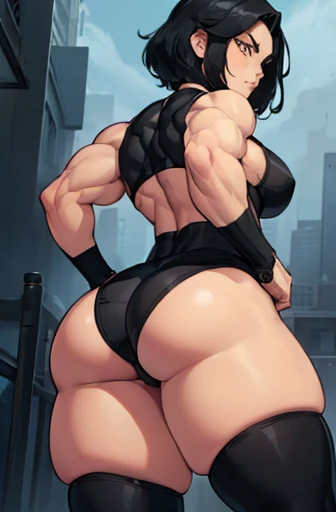 best quality (((((girl muscular thick thighs))))) (full black lingerie from behind) pale skin black hair yellow eyes short hair angry wet