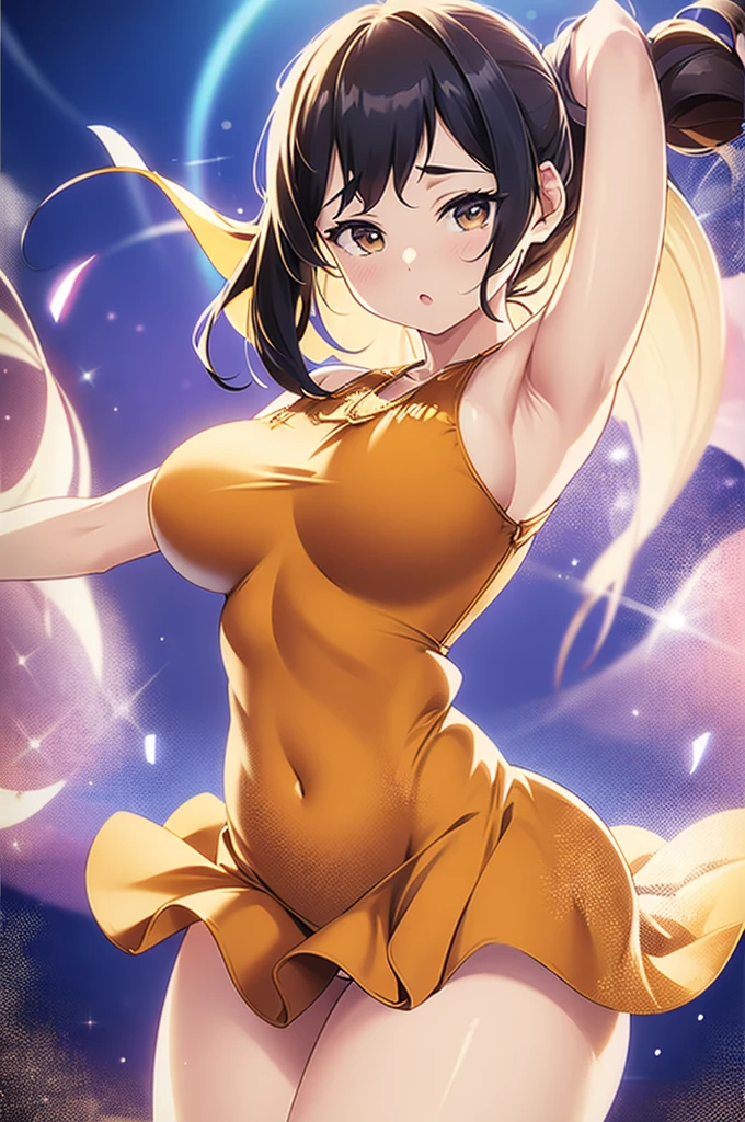 a woman posing on the corner with orange dress on, mejor calidad, 1 chica, pechos grandes, day, brillante, fondo borroso, bokeh, exterior, (Calle:0.8), (gente, multitudes:0.8), (Vestido con hombros descubiertos:1.2), gorgeous, (flequillo trenzado:1.2), hermoso cielo detallado, (dynamic pose:1.2), soft lighting, Viento, piel brillante, (parte superior del cuerpo:0.8), (pecas:0.8)