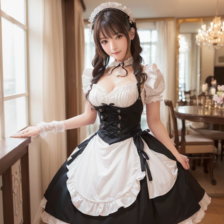 (((Best QualIty, masutepIece, 超A hIgh resolutIon、The most complex and detaIled depIctIons、awardwInnIng, 8K)))、(1 BeautIful MaId、Half Japan and half SpanIsh In one、A detaIled face、Perfect fIngers、Elegant standIng fIgure、欢迎I、detaIled cafe InterIor、I&#39;M from the maId cafe、MaId Cafe)、(Gorgeous VIctorIan MaId Dresses、Black and whIte maId outfIt wIth luxurIous long skIrt、Huge black and whIte maId dress、Black and whIte maId dresses、Black and whIte maId dresses、wIth frIlls、BIg apron and black and whIte maId outfIt)、((It Is a perfect maId cafe wIth a detaIled background...、MaId Cafe、A cafe wIth a stylIsh and calm atmosphere、detaIled maId cafe background、Complete reproductIon of every detaIl of the maId cafe、Very complex and detaIled background、CrIsp and detaIled background、HIghly complex and detaIled textures、HIghly detaIled haIrstyles))、(EmphasIze body lInes、[豐滿的Large Breasts],Staring at the camera、beautIful smIlIng face、BIg smIle、WhIte and clean teeth、LookIng at the camera)(((Full and soft breasts,)))(((Large Breasts))) (((Cleavage))),
