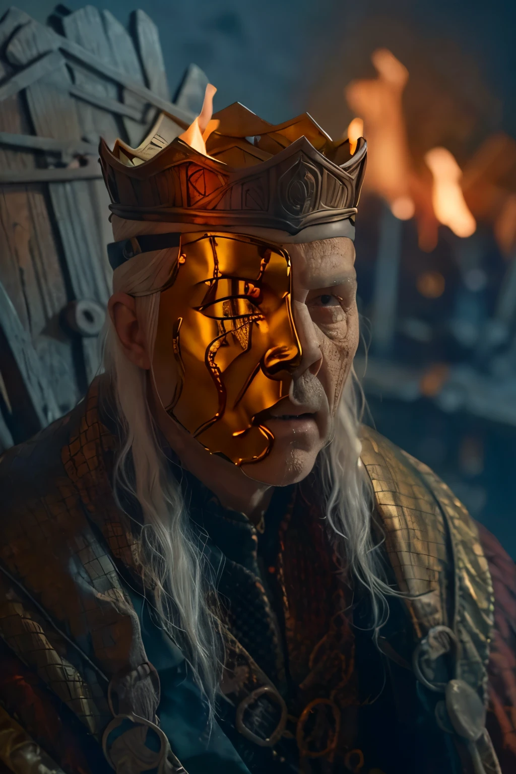 
(masterpiece, best quality:1.2), (((1 Man, male))), (((Cinematic epic poster))) of Sick Viserys ,((old man 80 years old)), ((hotting face)), ((wearing a golden mask on half face, crown on her head)),  sitting on Iron Throne, Gothic style, (((detailed face))), (a detailed RAW photo of a ), (master part:1.0), (best quality:1.4), (Ultra Highres:1.2), (photorealistic:1.4), 8K resolution, Canon EOS R5, 50 millimeters, Absurd, Ultra Detailed, sharp focus, Cinematic lighting, detailed face, (ULZZANG-6500-V1.1), detailed skin texture, pale skin, chest round, (pale :0.5), Cinematic lighting. (((Abstract flame background, cinematic lighting ))) 