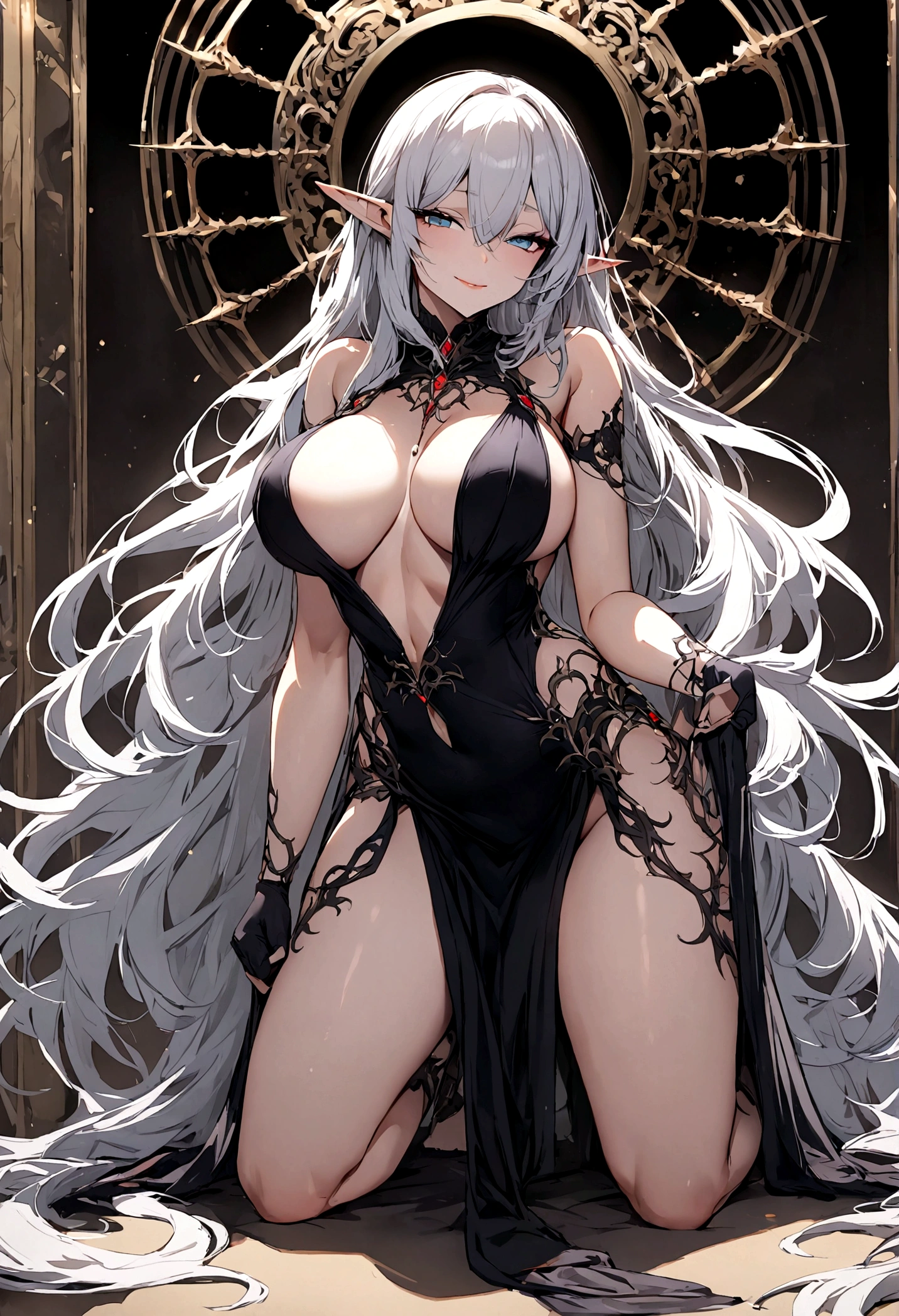 half elf girl, large breast, expecting eyes, , long flowing hair, alluring clothes, seductive smile, kneeled