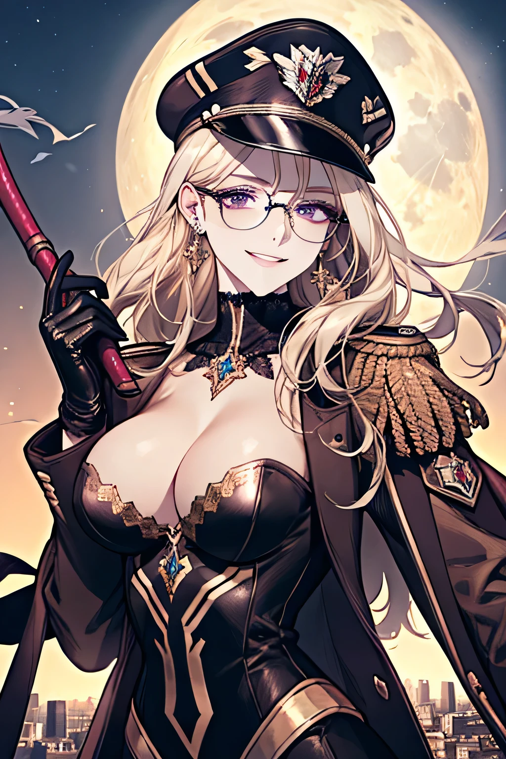 ( Detailed Description, High resolution,8k wallpaper,, masterpiece,best quality,Depth of Realm),Chest and face shot. A beautiful young woman、so beautiful、Anatomically accurate depiction,Platinum Blonde,Facial details、Glasses、Gold earrings in the ears,(Provocative smile),(She is wearing a dark purple military cap.,Dark purple military jacket、Black Leather Gloves)、(Large Breasts)、Cleavage,Accurate hand drawing,((have an iron whip)). Full moon in the background,night,City.