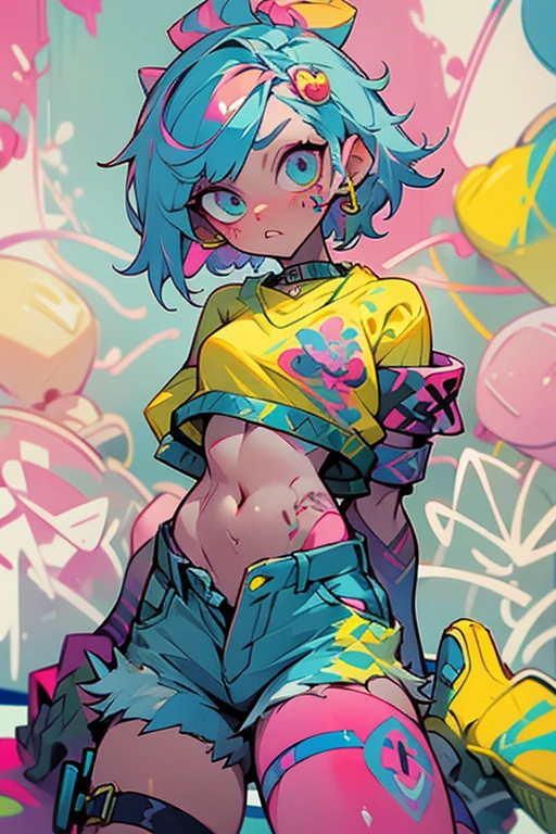 masterpiece, best quality, 1non gender, solo, crop top, denim shorts, choker, (graffiti:1.5), paint splatter, arms behind back, against wall, looking at viewer, armband, thigh strap, paint on body, head tilt, bored, multicolored hair, aqua eyes, headset,non gender anime person in slim body with an outfit of yellow sweater with pink polkadot bubble design, and blue and green pants, psycho, cool pose, left crab arms, zooble, cool sit pose, pink short messy hair, abstract triangular shapes, clown vibe