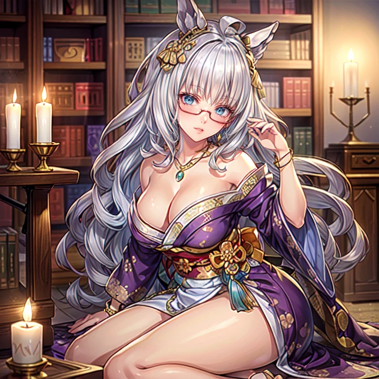 Masterpiece, Best Quality, (((Solo mature woman Janet))), biwa hayahide \(umamusume\), under rim glasses, (((wide ))), (((light blue eyes))), full lips,  smile, , (((sitting on wooden throne))), (((bookshelves, candles))) sunset, blushing, "beautiful mature face" , age30 ,  , adult ((open purple kimono with detailed patterns of gold)),  shoulder, (( suggestiveness)), perfect beautiful eyes, detailed eyes. thick lips, ((big )), (Thick thighs), top down, looking down, (((shiny skin))), (((chubby))), necklace, bracelets, hoop earrings, (((European Face))), ((Oiran)), Japanese Clothing, Boobplate, obi, intricate, eye shadow, floral print, hairpin, lipstick, make-up, red lips, sarashi, (((kiseru))), holding pipe in right hand, ((( legs)))