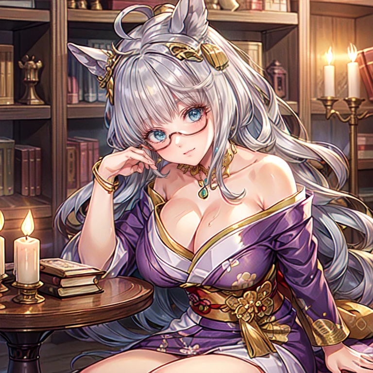 Masterpiece, Best Quality, (((Solo mature woman Janet))), biwa hayahide \(umamusume\), under rim glasses, (((wide hips))), (((light blue eyes))), full lips, seductive smile, cleavage, (((sitting on wooden throne))), (((bookshelves, candles))) sunset, blushing, "beautiful mature face" , age30 , MILF , adult ((open purple kimono with detailed patterns of gold)), bare shoulder, ((Sexual suggestiveness)), perfect beautiful eyes, detailed eyes. thick lips, ((big boobs)), (Thick thighs), top down, looking down, (((shiny skin))), (((chubby))), necklace, bracelets, hoop earrings, (((European Face))), ((Oiran)), Japanese Clothing, Boobplate, obi, intricate, eye shadow, floral print, hairpin, lipstick, make-up, red lips, sarashi, (((kiseru))), holding pipe in right hand, (((Bare legs)))