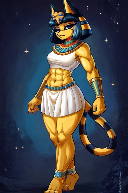 ((best quality)), ((masterpiece)), (detailed), a digital artwork of a barefooted ankha with abs wearing a crop top of her white sleeveless dress with white long dress skirt, a bare midriff and a bare navel, Egyptian setting, tail, blue handbands, blue anklebands, furry, anthro style, sideview