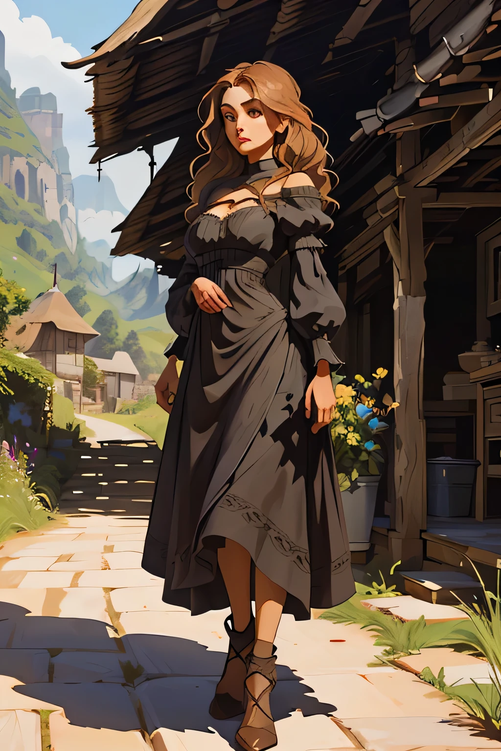 A young woman, her features soft and delicate, staring off into the distance with a contemplative expression. Her hair is a honey-gold color, flowing loose down her back, and framing her face in loose, gentle curls. Her eyes are a deep shade of brown, filled with intelligence and curiosity. She wears a simple, practical dress that hugs her slender figure, made of a rough-hewn, dark brown fabric that suggests it was spun and woven by her own hands. The bodice of the dress is fitted, revealing a modest amount of cleavage, while the sleeves are full and billow out slightly at the wrists, ending in puffed cuffs. The skirt falls to mid-calf, with a slight flare at the hem, revealing glimpses of the ankle-length hose she wears beneath. The young woman stands before a backdrop of a rural village, her simple, sturdy shoes planted firmly on the dirt road. The buildings in the distance are constructed of wood and stone, their thatched roofs sloping low to the ground, giving the impression of a tight-knit community nestled in the heart of the medieval Dark Ages.