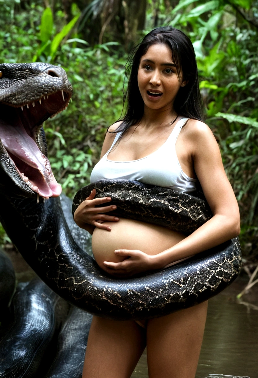 Indian  Pregnant Top quality, masterpiece, super high resolution, real photo, raw photo, cute, beautiful girl, happy expression, joy, glossy skin, dramatic lighting, full body, full body wet, dirty white tank top, sheer with thin fabric, white shirt dirty with mud, beautiful breasts, beautiful ass, butt sticking out, creepy, in the dark jungle, waterside, black large titanboa , slim, long limbs, slimy, slim Sleeping on large titanboa a large giant black titanboa wrapped around her neck, a large titanboa wrapped around her body, a titanboa’s head from between her crotches, a titanboa  and a titan’s intertwining their tongues and kissing, a girl hugging giant titanbo a girl and a large titanboa staring at each other Many large anacondas horny aroused  tentacle sex large object penetration nsfw snake tongue kissing blowjob bestiality