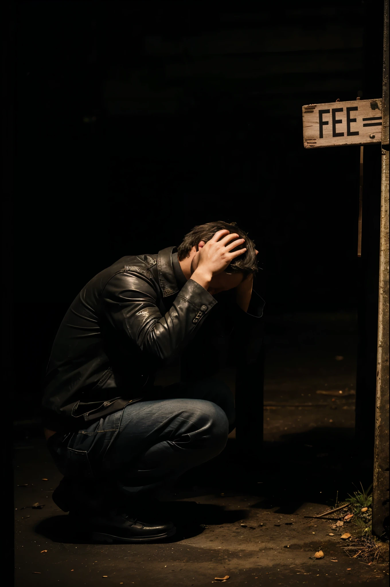 Image of a person in a dark environment on their knees with their head lowered in a sign of shame.