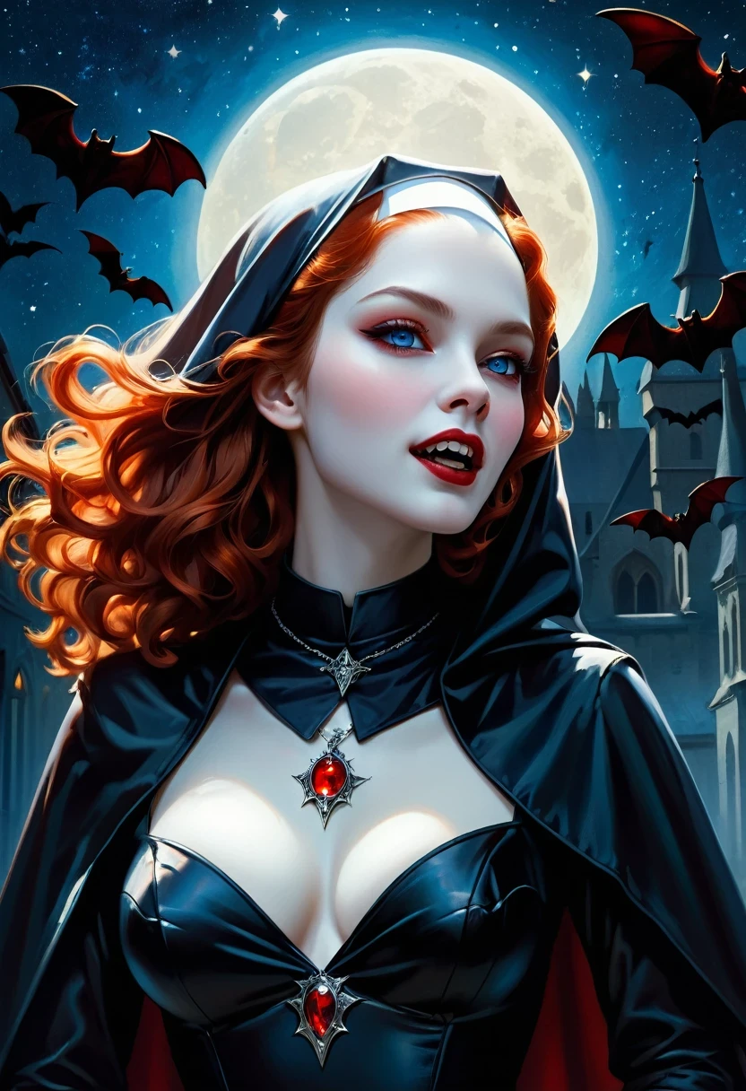 a picture of an exquisite beautiful female nun vampire standing under the starry night sky on the porch of her monastery, ultra feminine, (pale skin: 1.3), red hair, wavy hair, dynamic eyes color, cold eyes, glowing eyes, intense eyes, dark red lips, ((fangs: 1.1)), wearing (white nun tight וuniform: 1.3), wearing (blue cloak: 1.3), long cloak, flowing cloak, wearing (high heeled boots: 1.3), sky full of stars background, moon, bats flying about, action shot, high details, best quality, 16k, ((ultra detailed: 1.5)), masterpiece, best quality, portrait shot, photorealism, dark fantasy art, gothic art, many stars, sense of dread, GlowingRunesAI_red, Cinematic Hollywood Film style, ((no nudity: 1.5)), dark novel