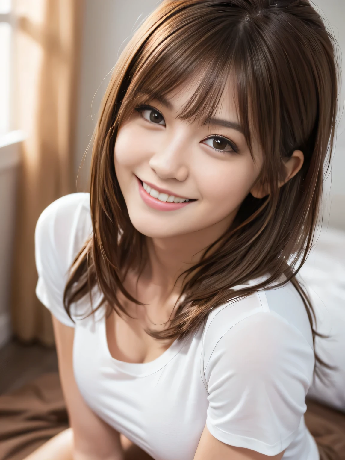 masterpiece, best quality, ultra-detailed, intricately detailed hyperdetailed, realistic, sharp features, highly detailed, sharp focus, Realistic, Photorealistic:1.3, (20 years old:1.3), perfect face, perfect symmetrically eyes, perfect full lips, hyper detailed, hyper realistic, high resolution, Fashion Model, Japanese Idol, Slender, brown hair, Stylish, Beautiful Face, light brown hair, messy hair, Beautiful hairstyle, , (grin), (tight fitting white t-shirt:1.2), (kneeling), Bed, (looking at viewer), upper body, (high angle shot), cinematic lighting, in focus with blurred background,　