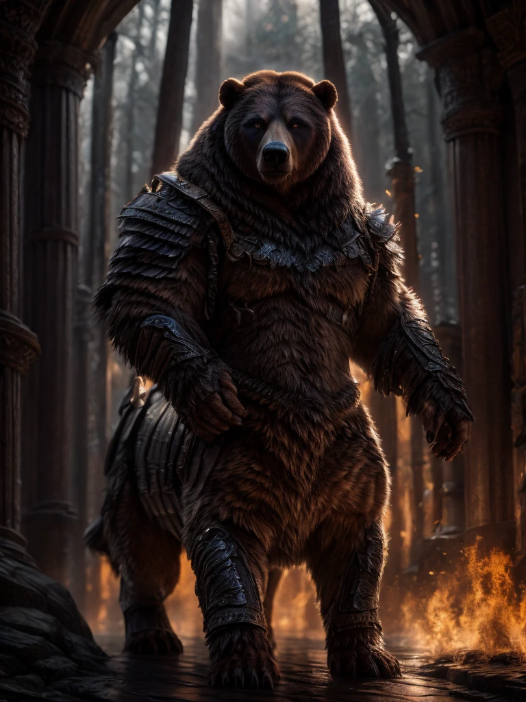 armored fur taur, armored fur, bear taur, quadruped, digitigrade, highly detailed, realistic, cinematic lighting, fantasy, (best quality,4k,8k,highres,masterpiece:1.2),ultra-detailed,(realistic,photorealistic,photo-realistic:1.37),intricate details, cinematic composition, dramatic atmosphere, volumetric lighting, detailed texture, muted tones, warm colors