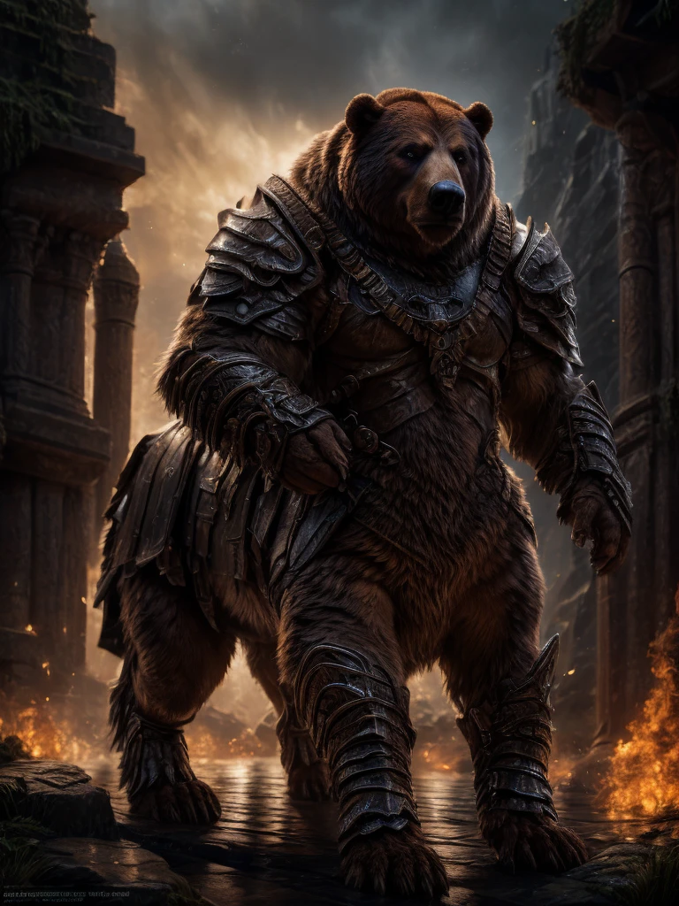armored fur taur, armored fur, bear taur, quadruped, digitigrade, highly detailed, realistic, cinematic lighting, fantasy, (best quality,4k,8k,highres,masterpiece:1.2),ultra-detailed,(realistic,photorealistic,photo-realistic:1.37),intricate details, cinematic composition, dramatic atmosphere, volumetric lighting, detailed texture, muted tones, warm colors