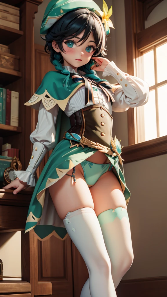 Masterpiece, Best Quality, 1 Girl, Ventidef, Beret, Flower Hat, White Shirt, Lace, Long Sleeves, Ruffled Sleeves, Corset, Cape, (((Green Panties))), See Through, Tight Clothing, White Pantyhose, Jewelry, Brooch, Bar, Blushing, Skinny, Cameltoe,