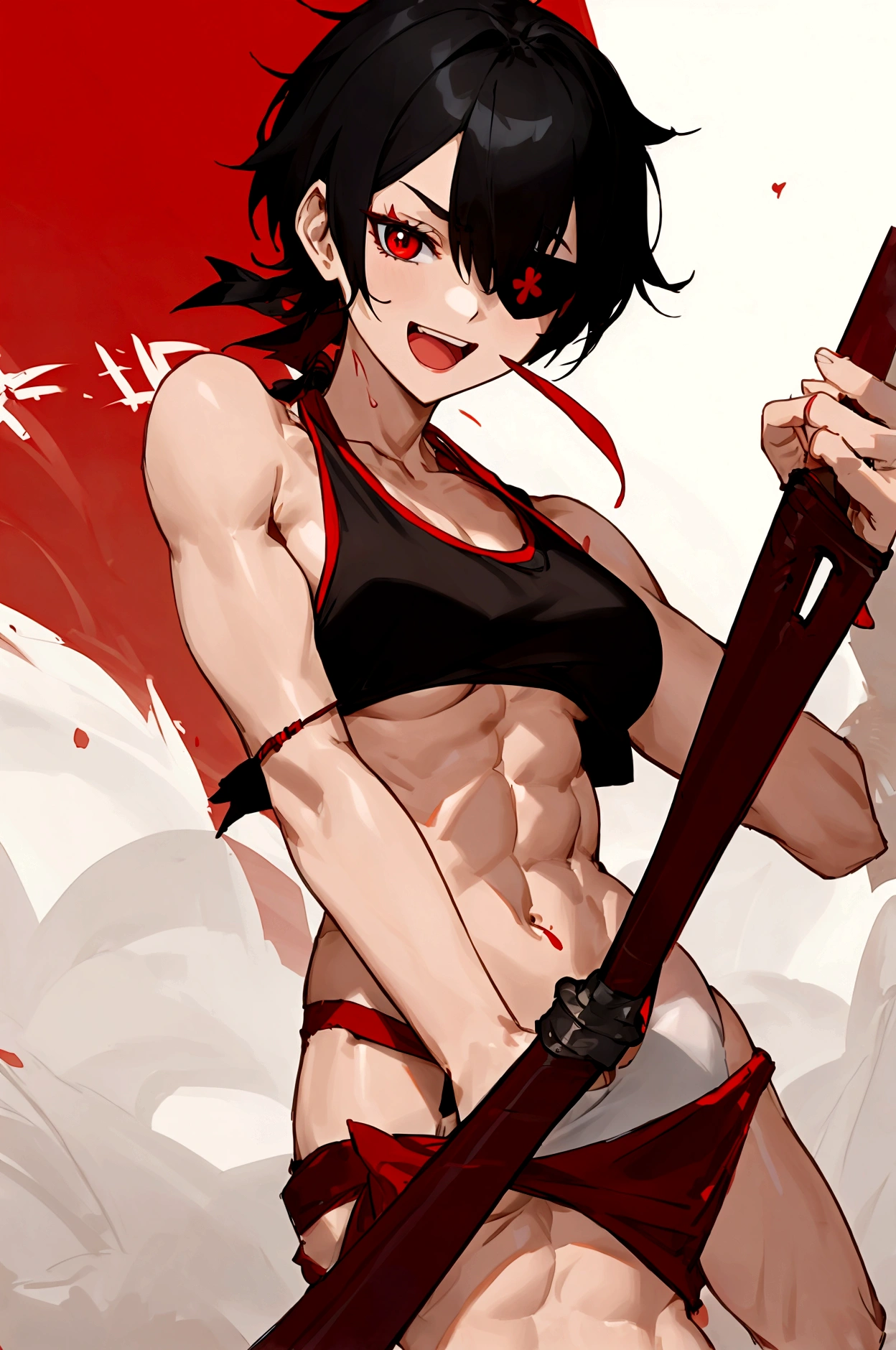 female,very short hair,Wear a red eye patch over your right eye..,black hair,Wear a tank top,There are abdominal muscles.,red sickle,open mouth smile,มีred sickle.Wear a bikini top.