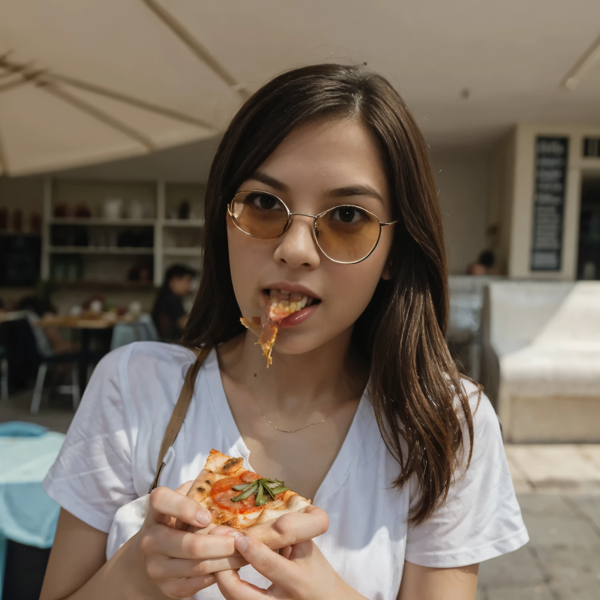 (Slice of pizza is the focus of the shot). Clearly visible slice of pizza. (eating_pizza), 1girl wearing a white T-shirt and sunglasses eating a slice of pizza, a portrait, realism. Close-up view on pizza. Pizza on foreground. In a restaurant.