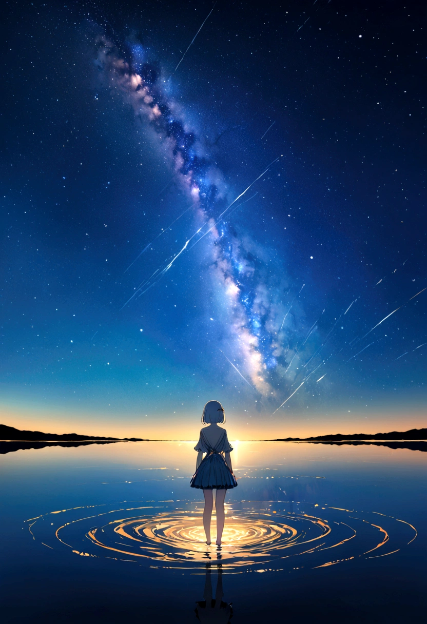 highest quality,masterpiece,8k,girl,Silver braided short bob hair,starry skies,(Standing in the center of the lake),wide shot ,tachi-e,hairclip