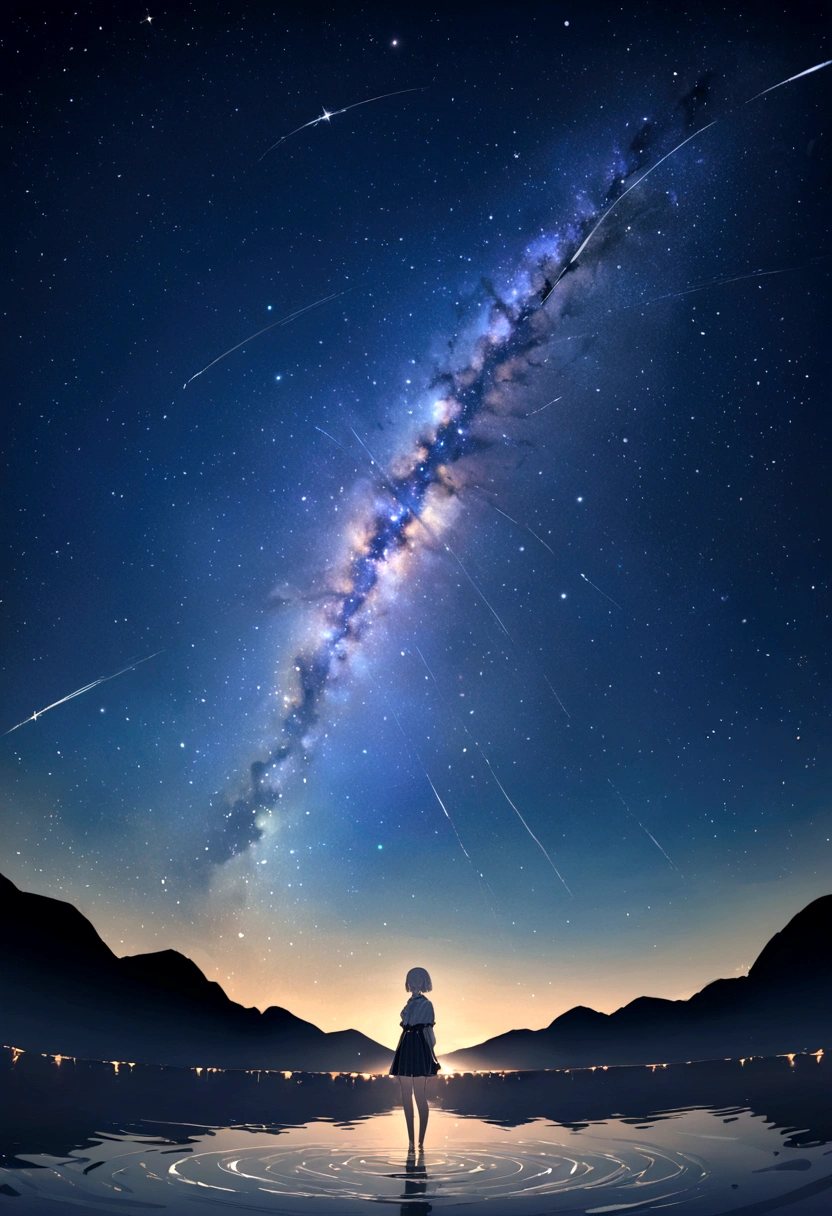 highest quality,masterpiece,8k,girl,Silver braided short bob hair,starry skies,(Standing in the center of the lake),wide shot ,tachi-e,hairclip