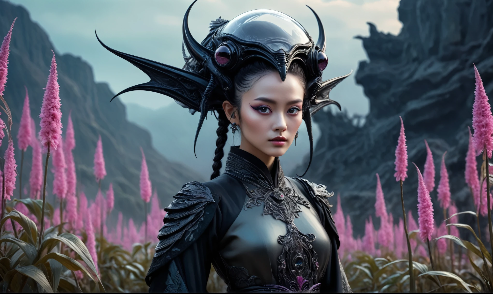 heght view on himera babygirl elf,hanfu,once pretty face,eyebrow up,full body shot,ominous landscape,glate gray atmosphere,prime colors,wariza,extremely detailed, masterpiece,intricate details,faded,eyes extremely detailed,Bun Hair,(Folk clothes:1.5), long dress, pronounced feminine feature, insane details, intricate details, hyper-detailing, Complex background, ,full-body-shot,Very tall,  Technicolor,natural skin textures, hyper realisitc, hyper detailed,Extremely detailed,High contrast,Masterpiece,Realistic,Ultra Detailed,intricate details,realistic humid skin,extremly intricate,Epic Realistic, Romantic, cinematic style,by art irina yermolova,orc, messy hair,luminous eyes,extremely detailed, [night landscape],masterpiece,intricate details,faded,eyes extremely detailed, high detailed eyes,8k resolution,RAW, Nikon Z9,by jimmy chin,by art Simon Stalenhag,Nicola Samori,Wangechi Mutu,Lisa Frank,(professional 3d render:1.3),junkie,nature, organic outfit with a curved mask and a glass dome visor, organic surrounding dead  plants, fashionable alien  xenomorph, vespertine, futuristic clothing and glass, movie still, avante garde design stylings inspired by pink and black glass, decadent
