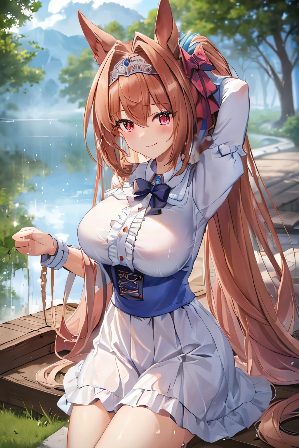 (((masterpiece, best quality, highres, UHD, perfect pixel, depth of field, 4k, RTX, HDR))), 1girl, smile, very huge breasts, brown hair, long hair, twintails, (red eyes:1), rainfall, water dripping, wetting hair, wet clothes, (outdoors:1.3), cloudy sky, Laughing, looking at viewer, {{Extremely delicate and beautiful}}, the Extremely Detailed CG Unity 8K Wallpapers,