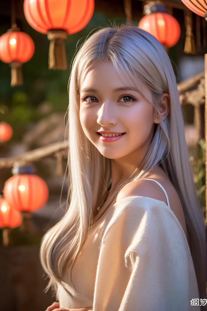 ghighest quality、8k Masterpiece、ultraA high resolution、(Photorealistic:1.3)、RAW Photos、((Ultra-Realistic Details))、Portrait、Global Illumination、Shadow、Octane Rendering、8k、Super sharp、soft、warm colors、Very intricate details、Realistic Light、CGSoation Trend、1 girl、30 years old, Silvery white hair、Glowing Skin、Beautiful and shining eyes、Beautiful breasts、To the camera、Neon Details、Landscapes of unimaginable beauty、100 Light of japanese red lanterns、Swirl、samurai girl in the center、female、sexy、Healthy Body、Japanese、A beauty that everyone falls in love with、smile、whole body, fantasy, (fantasy), shilver charm, short hair, sex