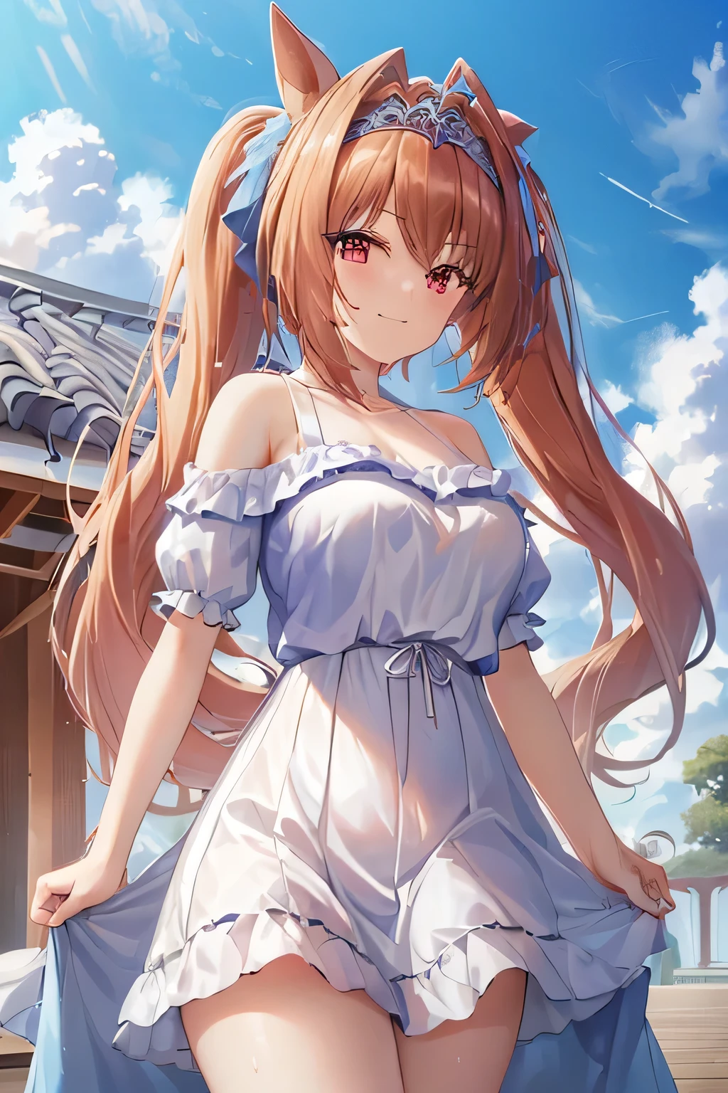 (((masterpiece, best quality, highres, UHD, perfect pixel, depth of field, 4k, RTX, HDR))), 1girl, smile, very huge breasts, brown hair, long hair, twintails, (red eyes:1), rainfall:1.4, water dripping:1.1, wetting hair:1.2, wet clothes:1.2, (under the roof of the pavilion:1.3), cloudy sky, Laughing, looking at viewer, {{Extremely delicate and beautiful}}, the Extremely Detailed CG Unity 8K Wallpapers,