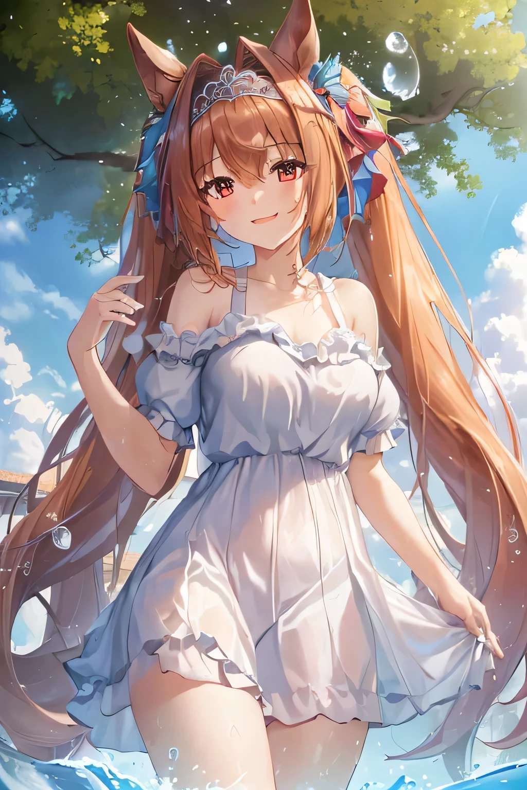 (((masterpiece, best quality, highres, UHD, perfect pixel, depth of field, 4k, RTX, HDR))), 1girl, smile, very huge breasts, brown hair, long hair, twintails, (red eyes:1), rainfall:1.4, water dripping:1.1, wetting hair:1.2, wet clothes:1.2, (under the roof of the pavilion:1.3), cloudy sky, Laughing, looking at viewer, {{Extremely delicate and beautiful}}, the Extremely Detailed CG Unity 8K Wallpapers,