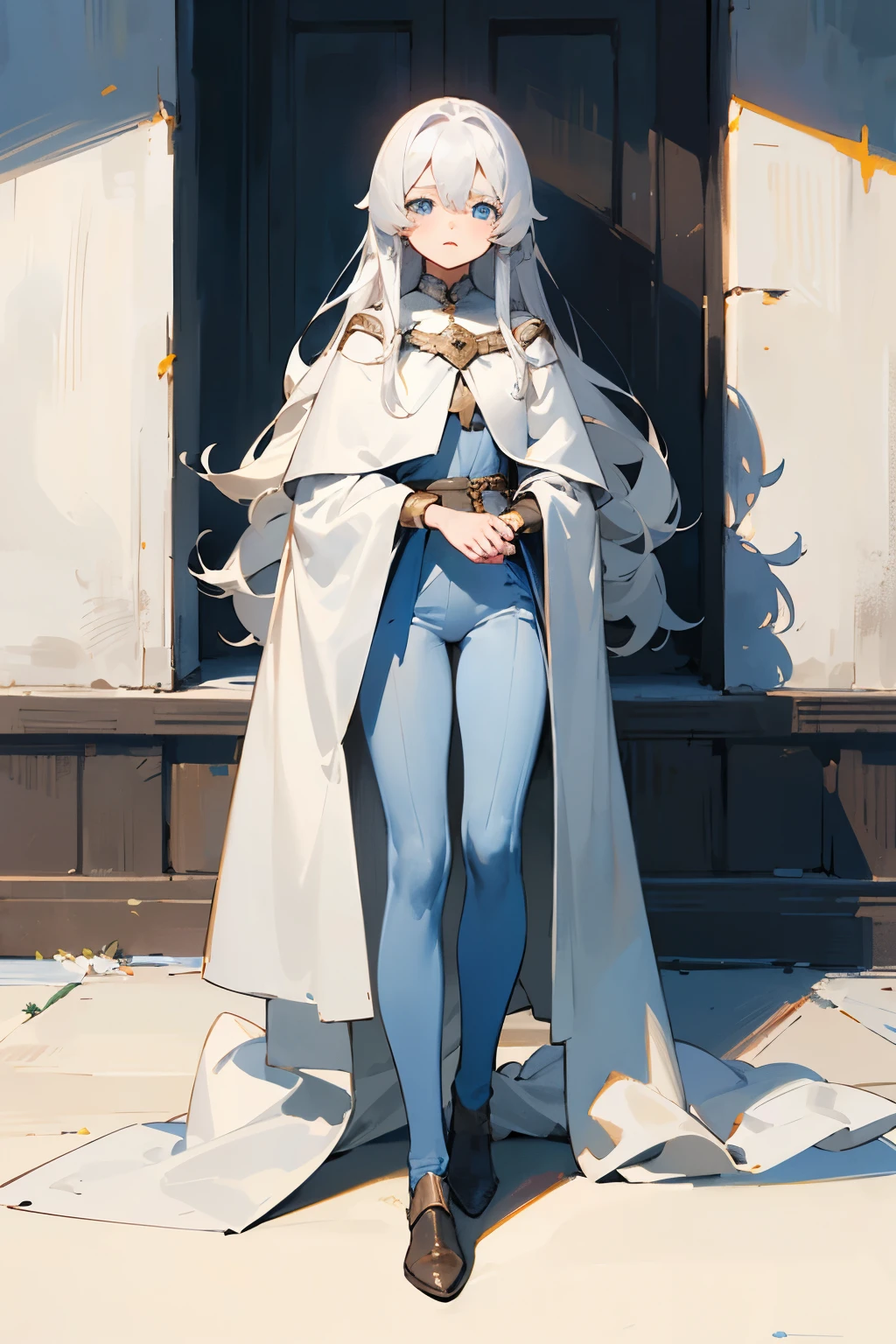 ((best quality)), ((masterpiece)), (detailed), 1girl, anime original character, full-length shot, -old, yo, long white hair, bright blue eyes, weak appearance, plain outfit, old medieval village
