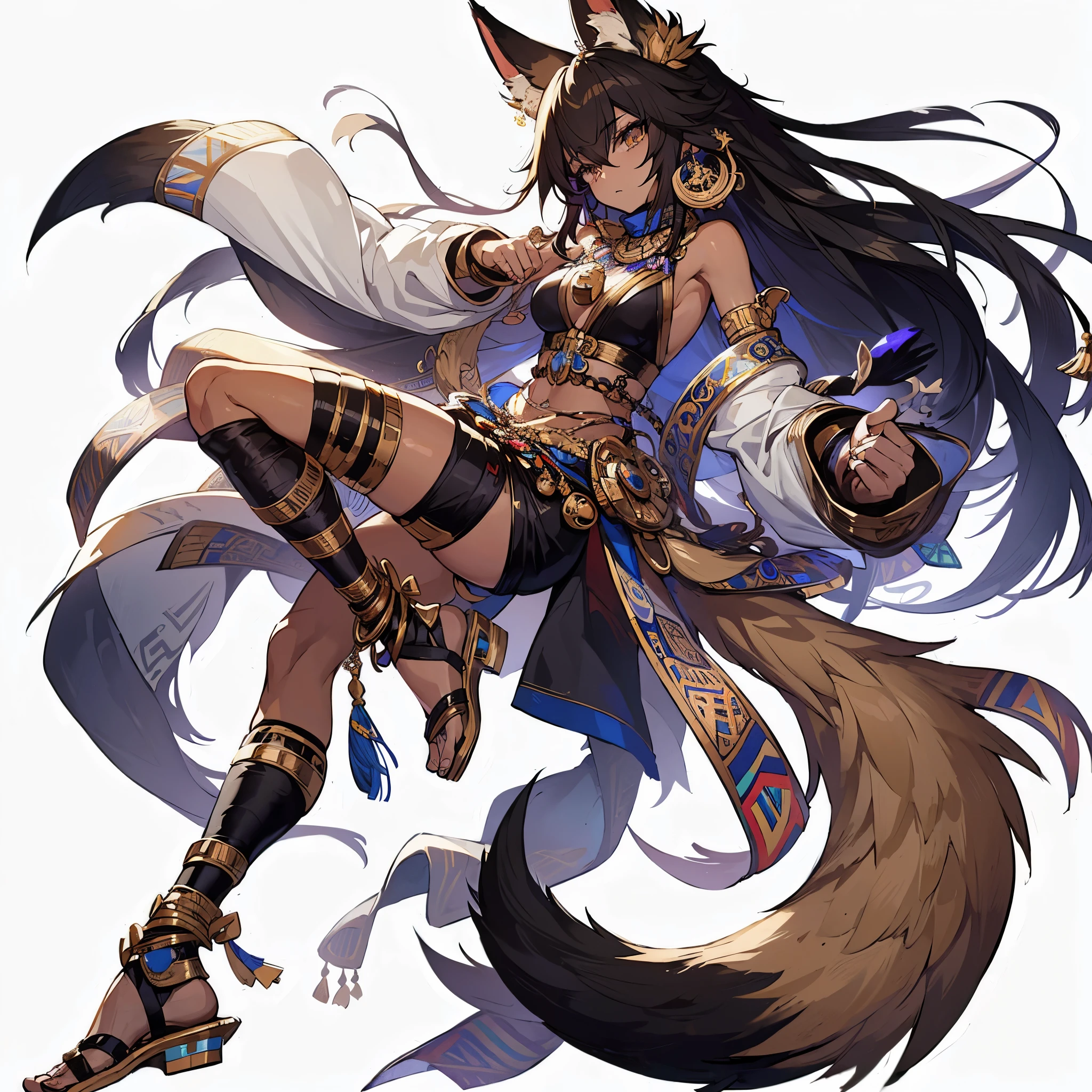 (masterpiece, Best Quality), (detailed hairs), Ultra-detailed, Anime style, Full body, Solo, Cyberpunk jackal girl, dark hair and blonde eyes, glamorous dark skin, Egyptian-like decorations, Egyptian-style costumes, karate fighting pose. Wearing Egyptian style sandals. ultra-massive, tall stylish, VERY MASSIVE. Muscular, White background, standing full length, standing on wasted earth, whole body