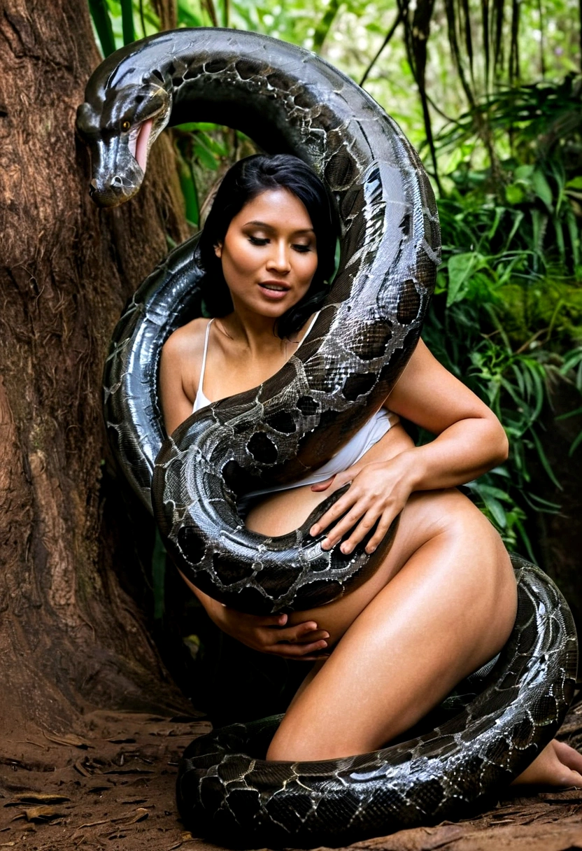 Indian Pregnant Top quality, masterpiece, super high resolution, real photo, raw photo, cute, beautiful girl, happy expression, joy, glossy skin, dramatic lighting, full body, full body wet, dirty white tank top, sheer with thin fabric, white shirt dirty with mud, beautiful breasts, beautiful ass, butt sticking out, creepy, in the dark jungle, waterside, black large titanboa , slim, long limbs, slimy, slim Sleeping on large titanboa a large giant black titanboa wrapped around her neck, a large titanboa wrapped around her body, a titanboa’s head from between her crotches, a titanboa and a titan’s intertwining their tongues and kissing, a girl hugging giant titanbo a girl and a large titanboa staring at each other Many large anacondas horny aroused tentacle sex large object penetration nsfw snake tongue kissing blowjob bestiality