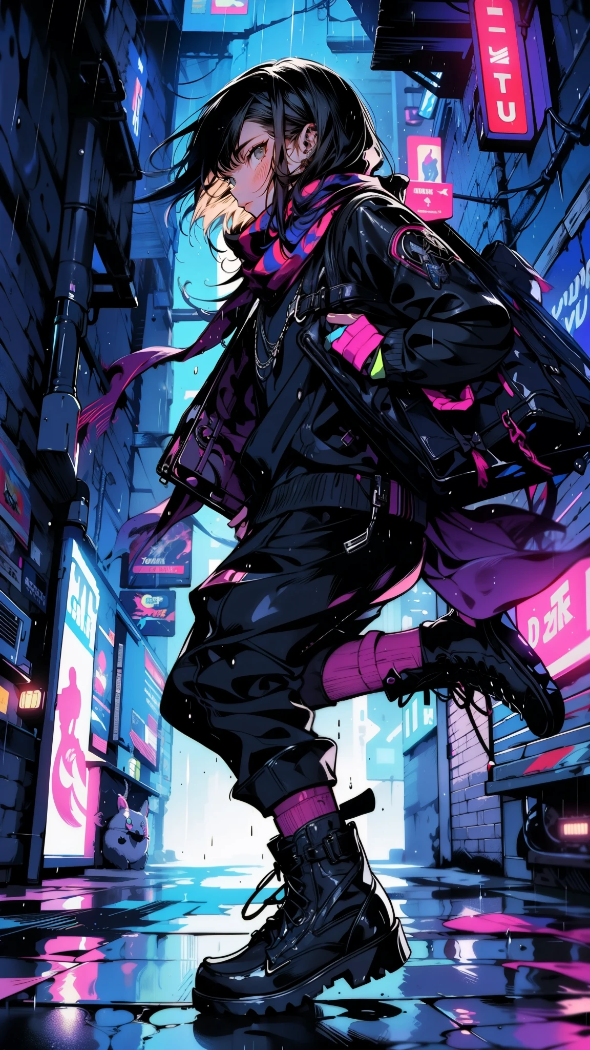 A silhouette of a teenager with a flowing scarf and worn combat boots, leaping through a neon-lit alleyway, clutching a mysterious briefcase. Raindrops streak down the walls, reflecting the colored lights. Abstract, cyberpunk theme, dynamic composition, fantasy world, dark background, clean design, epic, artstation, colorful paint splatter, silhouette, hyper detailed intricate details, unreal engine, fantasy, splash screen, complementary colors, deviantart masterpiece, oil painting, heavy strokes, paint dripping, indifferent expression