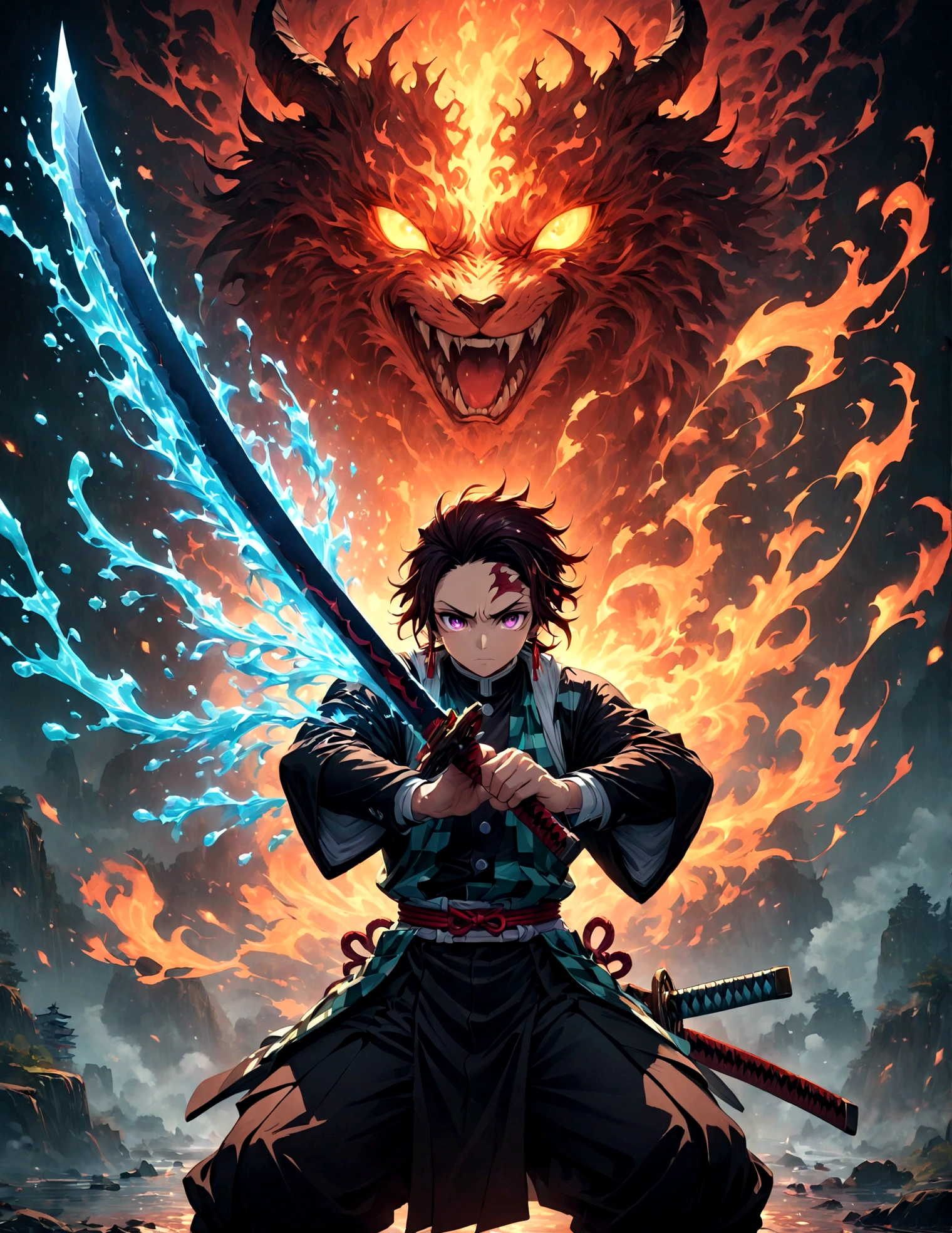 (1 male,Tanjiro Kamado),Demon slayer,Tanjiro Costume,tanjiro has a sword,Water and fire effects,Intricate details,,Decadent,artwork,rendering,Dynamic pose,(masterpiece:1.3),(highest quality:1.4),(Super detailed:1.5),High resolution,Very detailed,unity 8k wallpaper,Dark fantasy,,Glare,Fighting Style,Glare,Desperate form,BREAK,The sword is a Japanese sword,Japanese swords are straight and have a metallic luster..,Please hold the handle of the Japanese sword