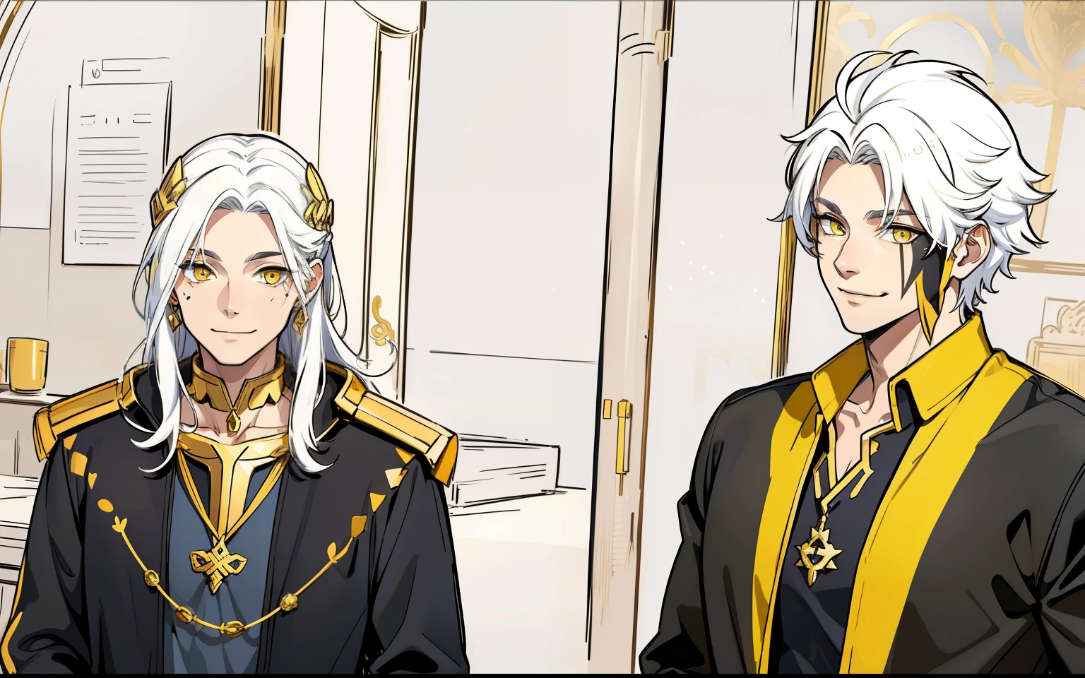There is a goddess and a Greek god has a black and yellow tunic he has golden armor gold jewelry they have yellow eyes and white hair thoughtful with a small smile