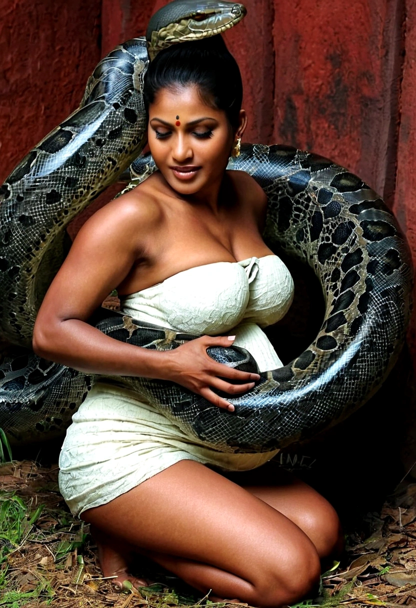  Pregnant Happy Horny, aroused 1girl), beautiful kneeling indian thick young teen girl  with  giant colossal black titanboa squeezing her hard, wrapped in thick spiraling coils, constricted, struggle, gasping for air, snake attack, snake peril, moonless night, dim light