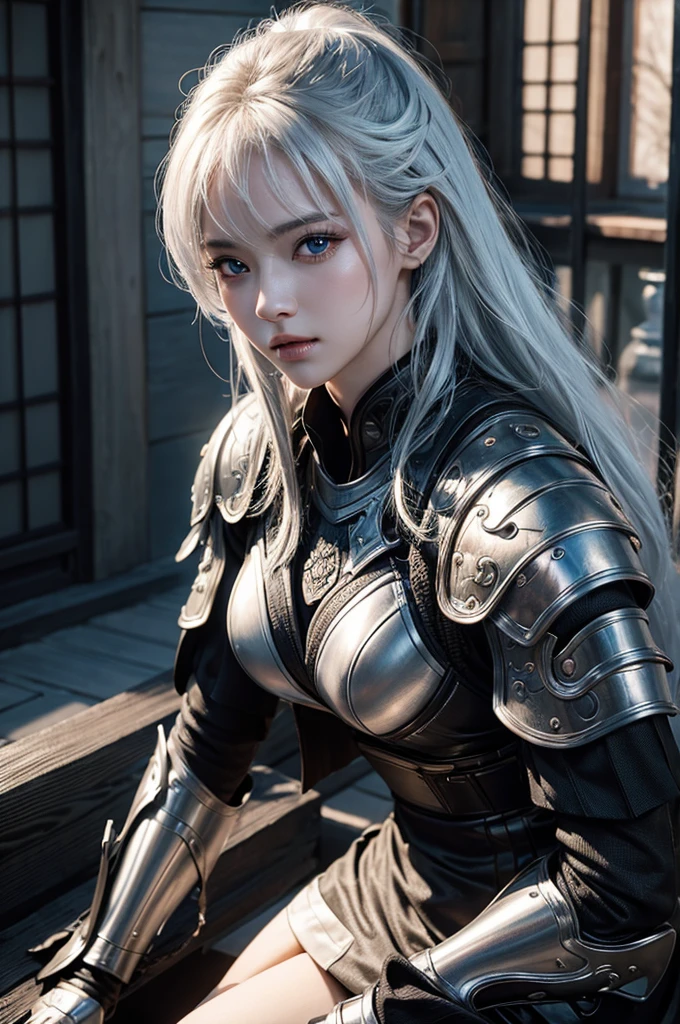 samurai、female、1 person、Samurai residence、cool、sexy、Armor、Japanese sword、have、the wind is strong、fog、highest quality、8k Masterpiece、超A high resolution、(Photorealistic:1.3)、RAW Photos、((Ultra-Realistic Details))、Portrait、Global Illumination、Shadow、Octane Rendering、8k、Super sharp、Beautiful breasts、Metal、Cold colors、、Very intricate details、Realistic Light、CGSoation Trend、femaleの子1 person、Silvery white hair、Glowing Skin、Super beautiful cyberpunk soldier、Beautiful Eyes、Shining Eyes、