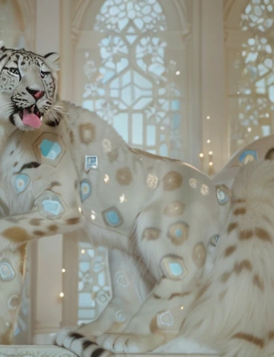 A giant snow leopard, white with grey and blue spotted, (3 giant fangs in the lower part of the mouth), photorealistic, 8k, uhd, masterpiece, in a snow land in the edge of a forest