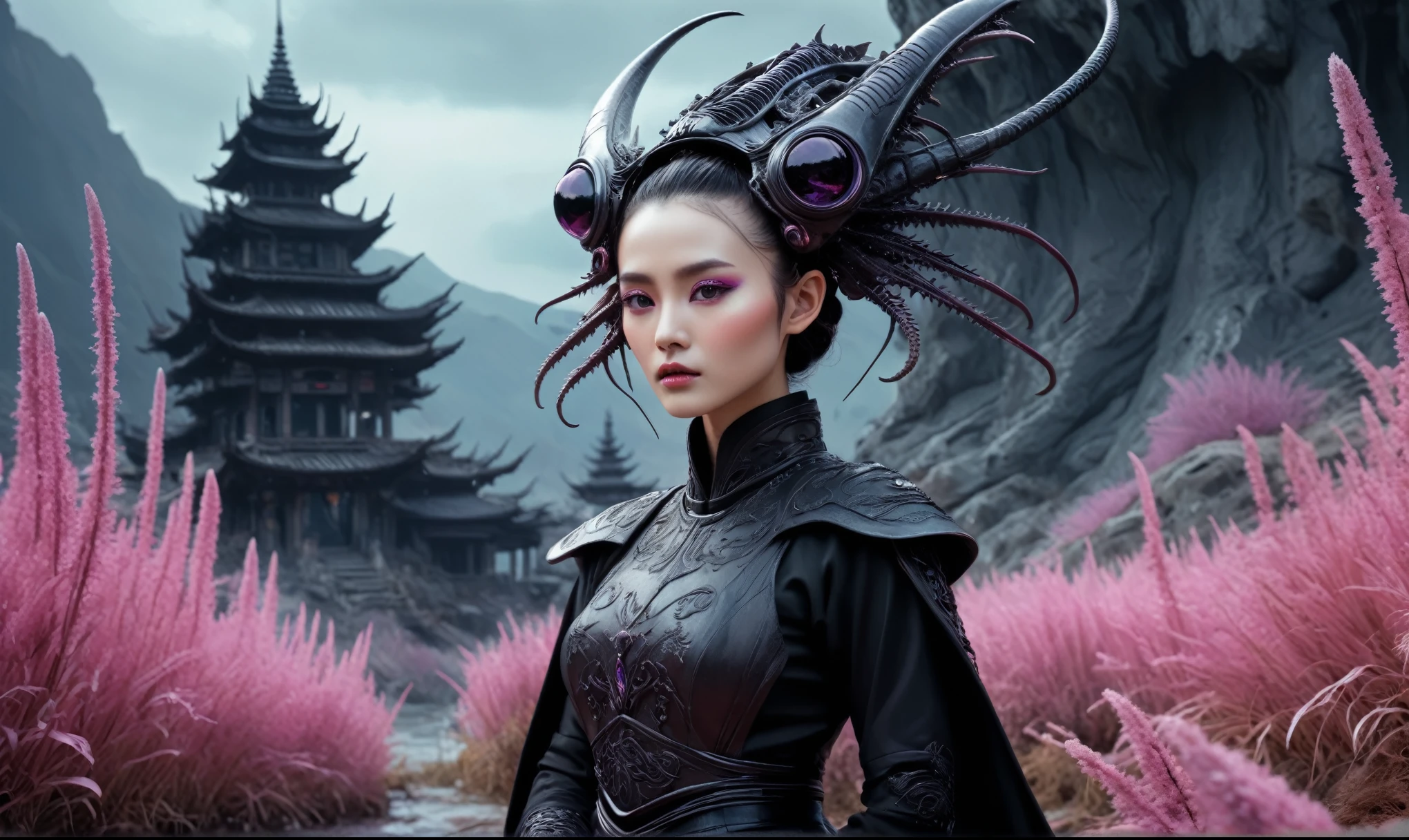 heght view on himera babygirl elf,hanfu,once pretty face,eyebrow up,full body shot,ominous landscape,glate gray atmosphere,prime colors,wariza,extremely detailed, masterpiece,intricate details,faded,eyes extremely detailed,Bun Hair,(Folk clothes:1.5), long dress, pronounced feminine feature, insane details, intricate details, hyper-detailing, Complex background, ,full-body-shot,Very tall,  Technicolor,natural skin textures, hyper realisitc, hyper detailed,Extremely detailed,High contrast,Masterpiece,Realistic,Ultra Detailed,intricate details,realistic humid skin,extremly intricate,Epic Realistic, Romantic, cinematic style,by art irina yermolova,orc, messy hair,luminous eyes,extremely detailed, [night landscape],masterpiece,intricate details,faded,eyes extremely detailed, high detailed eyes,8k resolution,RAW, Nikon Z9,by jimmy chin,by art Simon Stalenhag,Nicola Samori,Wangechi Mutu,Lisa Frank,(professional 3d render:1.3),junkie,nature, organic outfit with a curved mask and a glass dome visor, organic surrounding dead  plants, fashionable alien  xenomorph, vespertine, futuristic clothing and glass, movie still, avante garde design stylings inspired by pink and black glass, decadent
