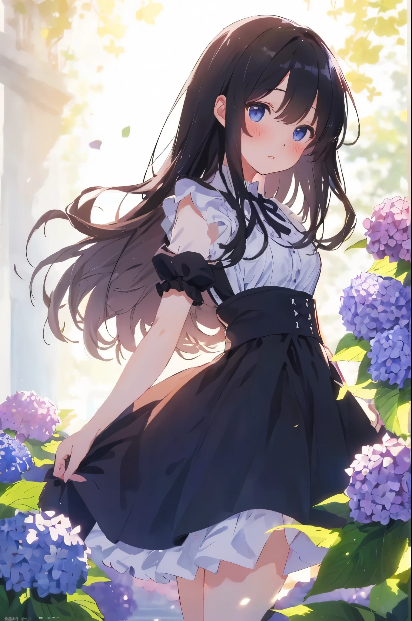 best quality, masterpiece, (solo:1.2), (1 Female:1.2)、Age 25、Larger breasts、(Slender figure)、(Maidスタイル)、Maid、from side、Thighs、(White highlight in pupil:1.2)、Dark blue eyes、(Black-haired:1.2)、(Long Hair)、(View your viewers:1.2)、White skin、(blush)、(Embarrassed expression)、Wooden veranda、(I blur the background a lot to make the woman stand out.:1.3)、(The sunlight shines in)、Half backlight、(Beautiful hydrangea flowers for background)、(Front blur)、(I see a rainbow in the distance)