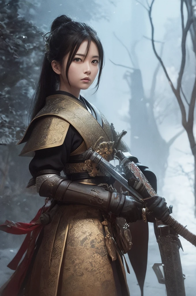 Extremely detailed CG Unity 32K wallpaper, (raw photography, masterpiece, ultra-high definition, highest resolution:1.1), authentic, highest quality, (correct anatomy:1.5), (intricately detailed face, extremely realistic skin texture:1.2), professional photo, POV, 1 girl, ((female warrior:1.5)), Japanese teen, 15 years old, (from front:1.4), solo, cowboy short, looking at viewer, (oval and slim outline of the face:1.4), black hair, (SINGLE hair bun:1.5), fairly detailed skin, (sweat, tan:1.3), highly detailed eyes, (bright and dark eyes, tears:1.5), (tall nose:1.4), hyper-realistic nose and lips, expressionless, standing, ((chain mail:1.4)), ((slender:1.5)), ((muscular, beautiful breast:1.3)), ((wounded, injured, bleeding:1.5)), (((1 spear had pierced the girl’s chest:1.5))), (((bleeding from the chest, bloody, penetrating injury of the chest:1.4))), (((holding 1 sword in right hand:1.2))), (((outdoor, medieval era, battlefield, vandalized village of Asia:1.3))), (curvy outline of female body, perfect body proportion:1.5), sharp focus, depth of field, cinematic lighting, fairly detailed limbs, (perfect anatomy of the limbs:1.4), highly detailed hands, (correct anatomy of the hands:1.5),
