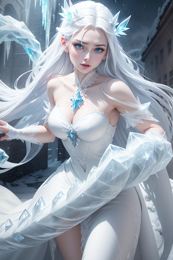 a beautiful ice goddess, good face, happy face, very long hair, realistic eyes, ice magician, ice elemental, intricate design and details, chilling mist, cold, blizzard storm, conjuring ice spell, casting ice spell, detailed dress, (white dress:1.5), realistic ice effect, ((ice:1.5)), snow particles, dark fantasy art style, ruined city, dramatic lighting, cinematic,