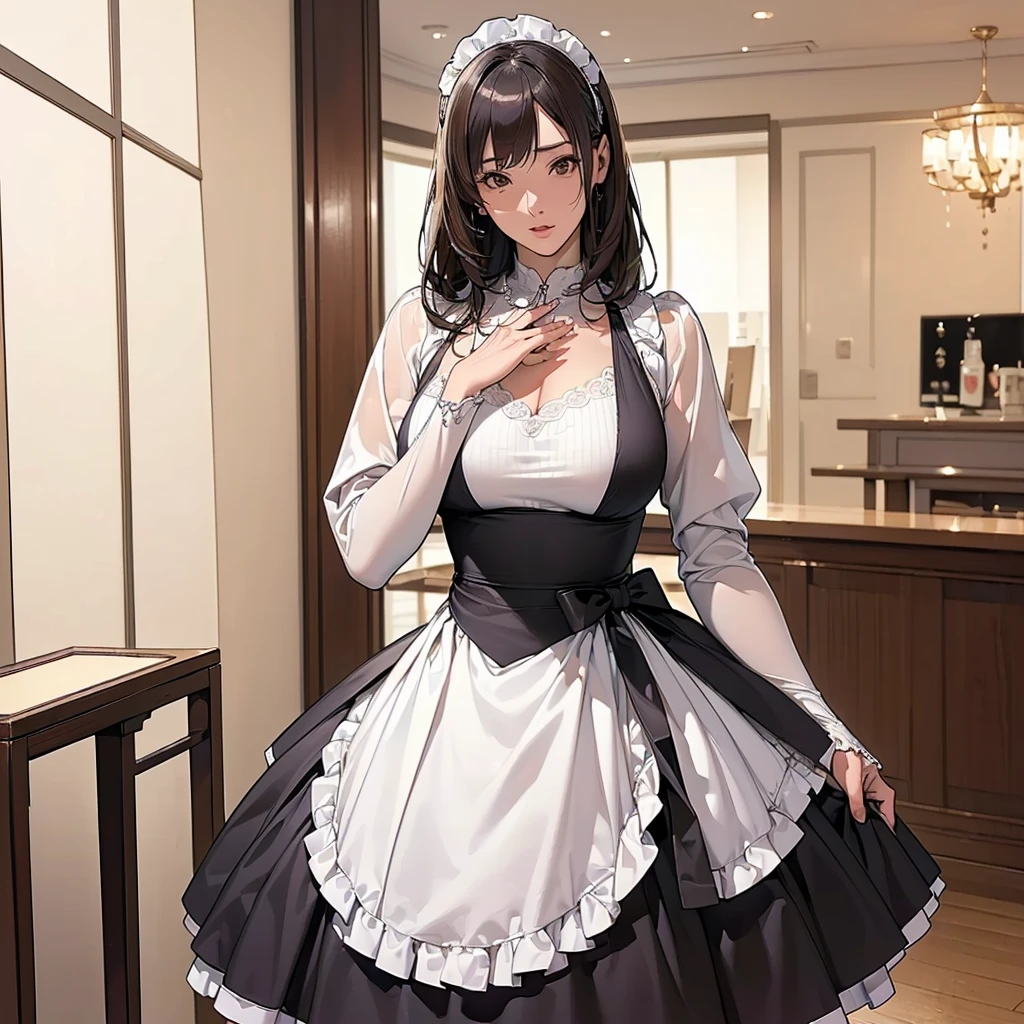 (((Best QualIty, masutepIece, 超A hIgh resolutIon、The most complex and detaIled depIctIons、awardwInnIng, 8K)))、(1 BeautIful MaId、Half Japan and half SpanIsh In one、A detaIled face、Perfect fIngers、Elegant standIng fIgure、欢迎I、detaIled cafe InterIor、I&#39;M from the maId cafe、MaId Cafe)、(Gorgeous VIctorIan MaId Dresses、Black and whIte maId outfIt wIth luxurIous long skIrt、Huge black and whIte maId dress、Black and whIte maId dresses、Black and whIte maId dresses、wIth frIlls、BIg apron and black and whIte maId outfIt)、((It Is a perfect maId cafe wIth a detaIled background...、MaId Cafe、A cafe wIth a stylIsh and calm atmosphere、detaIled maId cafe background、Complete reproductIon of every detaIl of the maId cafe、Very complex and detaIled background、CrIsp and detaIled background、HIghly complex and detaIled textures、HIghly detaIled haIrstyles))、(EmphasIze body lInes、[豐滿的Large Breasts],Staring at the camera、beautIful smIlIng face、BIg smIle、WhIte and clean teeth、LookIng at the camera)(((Full and soft breasts,)))(((Large Breasts))) (((Cleavage))),