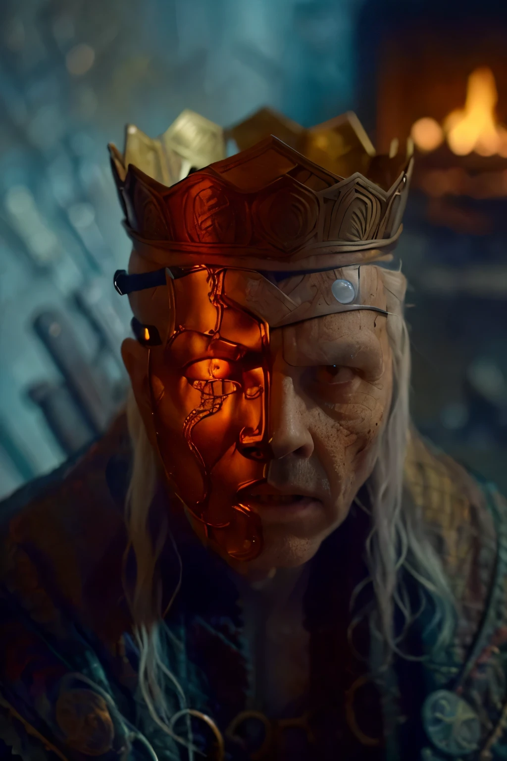 
(masterpiece, best quality:1.2), (((1 Man, male))), (((Cinematic epic poster))) of Sick Viserys ,((old man 80 years old)), ((hotting face)), ((wearing a golden mask on half face, crown on her head)),  sitting on Iron Throne, Gothic style, (((detailed face))), (a detailed RAW photo of a ), (master part:1.0), (best quality:1.4), (Ultra Highres:1.2), (photorealistic:1.4), 8K resolution, Canon EOS R5, 50 millimeters, Absurd, Ultra Detailed, sharp focus, Cinematic lighting, detailed face, (ULZZANG-6500-V1.1), detailed skin texture, pale skin, chest round, (pale :0.5), Cinematic lighting. (((Abstract flame background, cinematic lighting ))) 