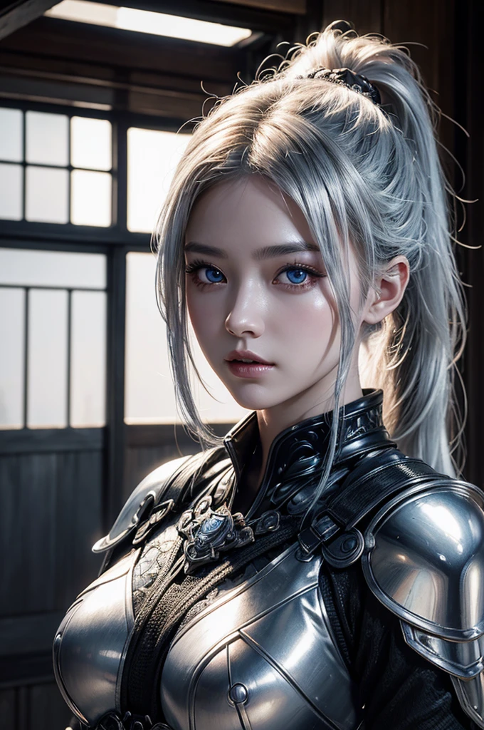 samurai、female、1 person、Samurai residence、cool、sexy、Armor、Japanese sword、have、the wind is strong、fog、highest quality、8k Masterpiece、超A high resolution、(Photorealistic:1.3)、RAW Photos、((Ultra-Realistic Details))、Portrait、Global Illumination、Shadow、Octane Rendering、8k、Super sharp、Beautiful breasts、Metal、Cold colors、、Very intricate details、Realistic Light、CGSoation Trend、femaleの子1 person、Silvery white hair、Glowing Skin、Super beautiful cyberpunk soldier、Beautiful Eyes、Shining Eyes、sexy、Lots of exposure