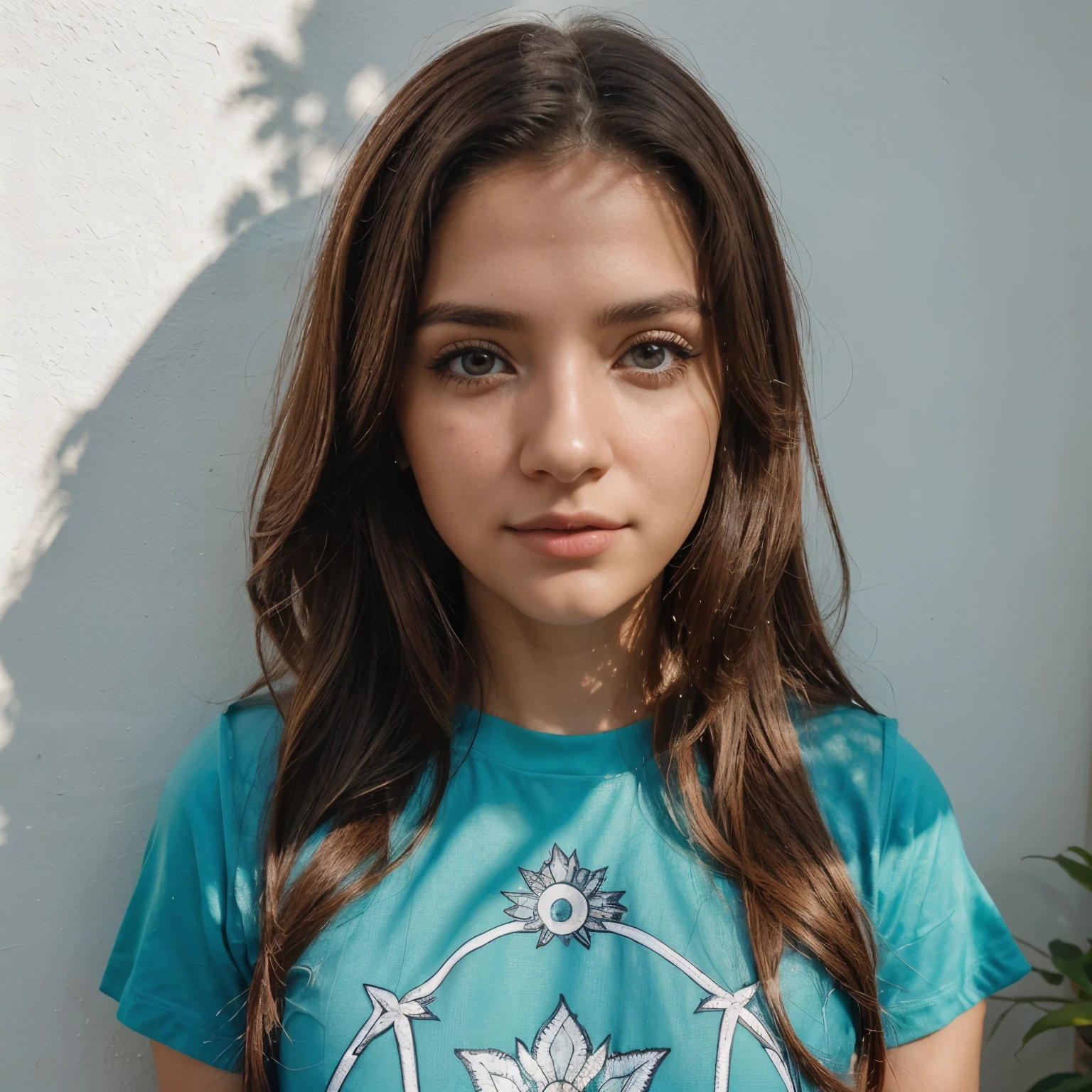 ((fotografia perfeita)), ((realista)), ((8K)), ((olhos azuis brilhantes)), (rosto perfeito) ((camiseta vermelha longa)), seios muito pequenos perfeitos, rosto lindo com maquiagem linda, mulheres brancas com cabelos ruivos ondulados, jeans, standing towards the camera, dia ensolarado em frente a uma parede de tijolos, torso-facing camera, ao ar livre, muita luz, muitas plantas, olhos lindos, curling hair with one hand