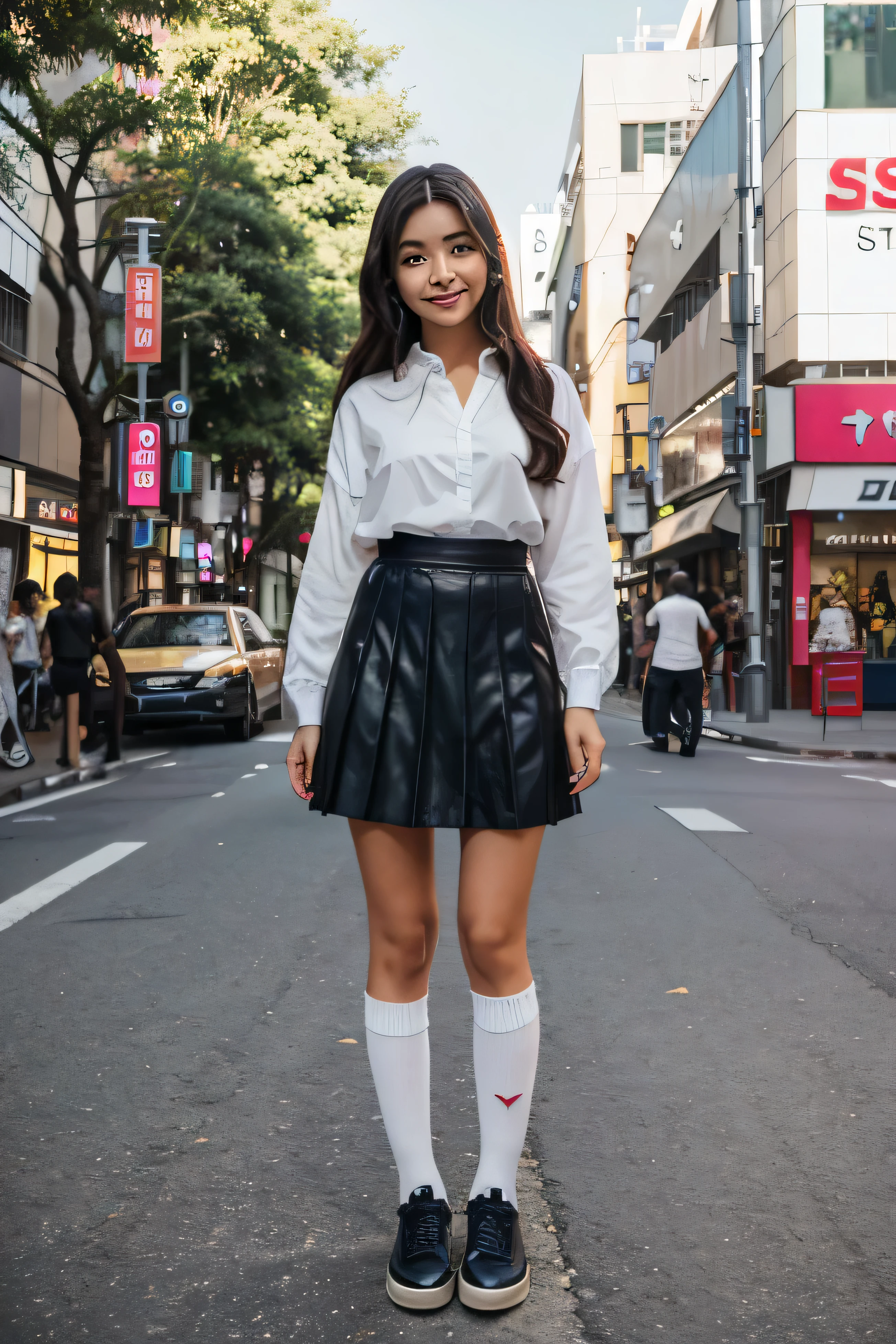 Personagem Principal: Uma jovem coreana de pele clara, com cabelo longo e liso, de tom castanho escuro. Your hair is loose, caindo suavemente sobre os ombros.

Roupas: She is wearing a traditional Japanese . O uniforme consiste em uma blusa branca de mangas curtas com uma gravata marinha. The pleated skirt is a navy blue tone, reaching just above the knees. She is wearing white knee-high socks and black leather shoes..

Accessories: A jovem carrega uma mochila escolar preta nas costas, with a small keychain decoration hanging on the side.

Makeup and Expression: The makeup is light, Highlighting your almond eyes with a little mascara and black eyeliner. Your lips have a touch of light pink gloss. she's smiling slightly, with a friendly and cheerful expression.

scenario: The photo is taken on a busy street in Tokyo. Ao fundo, vemos uma mistura vibrante de elementos urbanos: modern buildings, stores with signs in Japanese, and colorful neon lights. There are people walking, some wearing surgical masks, and vehicles passing down the street, capturando a energia e o ritmo acelerado da cidade.

Ambiente: It's a sunny day, with a clear blue sky and few clouds. Natural light enhances the vibrancy of colors and details in the photo. The trees along the sidewalk have green leaves, suggesting it&#39;s spring or summer.

Pose and Composition: The young woman is standing on the sidewalk, slightly facing the camera. One hand is holding a backpack strap, while the other is raised in a friendly wave. The photo is taken from a slightly tilted perspective, giving a dynamic and immersive feel to the scene.

