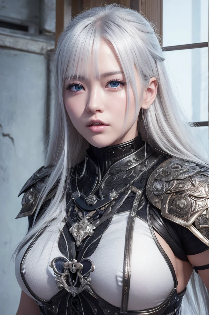 samurai、female、1 person、Samurai residence、cool、sexy、Armor、Japanese sword、have、the wind is strong、fog、highest quality、8k Masterpiece、超A high resolution、(Photorealistic:1.3)、RAW Photos、((Ultra-Realistic Details))、Portrait、Global Illumination、Shadow、Octane Rendering、8k、Super sharp、Beautiful breasts、Metal、Cold colors、、Very intricate details、Realistic Light、CGSoation Trend、femaleの子1 person、Silvery white hair、Glowing Skin、Super beautiful cyberpunk soldier、Beautiful Eyes、Shining Eyes、