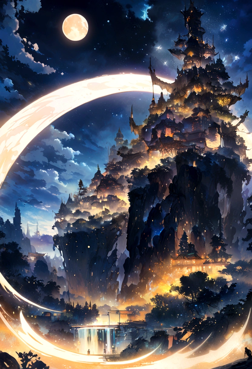 Highly concentrated beauty，Across the sky, Starry Moon Painting, concept art inspired by Tosa Mitsuoki, Pixiv competition winner, Best quality, Fantasy art, beautiful anime scenes, A bright moon, Starry sky environment in moonlight, Dream painting, Anime background art, dream scenery art, Fantastic night, anime backgrounds, background artwork, dreamlike art, Atmospheric anime, Starry sky, Detail enhancement.