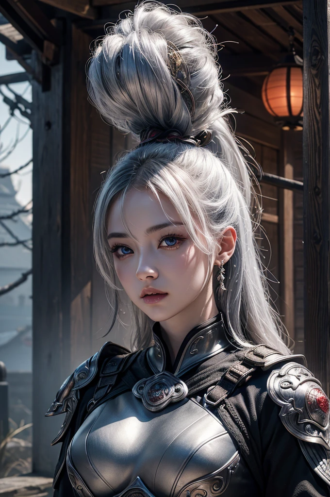 samurai、female、1 person、Samurai residence、cool、sexy、Armor、Japanese sword、have、the wind is strong、fog、highest quality、8k Masterpiece、超A high resolution、(Photorealistic:1.3)、RAW Photos、((Ultra-Realistic Details))、Portrait、Global Illumination、Shadow、Octane Rendering、8k、Super sharp、Beautiful breasts、Metal、Cold colors、、Very intricate details、Realistic Light、CGSoation Trend、femaleの子1 person、Silvery white hair、Glowing Skin、Super beautiful cyberpunk soldier、Beautiful Eyes、Shining Eyes、sexy、Lots of exposure、100A red Japanese lantern sparkles
